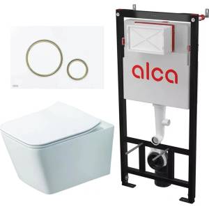 Rune Комплект казанче за WC с вграждаща рамка Alca AM101/1120 и бутон Thin M775, бяло-златно, плюс бяла тоалетна чиния Rune Jorg с капак softclose (AM101/1120+M775+5940541330394)