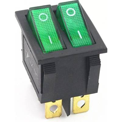 Kolískový vypínač dvojitý obdĺžnikový s podsvietením, zelený 250V / 15A