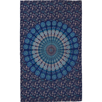 Sanu Babu přehoz na postel modro-zelený Barmery round Mandala paví pera 130 x 210 cm