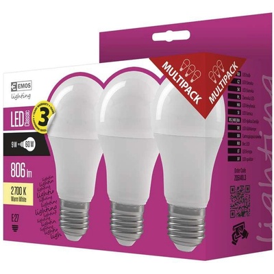 Emos LED žárovka Classic A60, 9W/60W E27, WW teplá bílá, 806 lm, Classic, F, 3 PACK