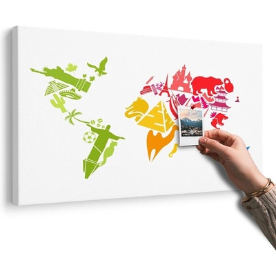 Obraz na korku mapa světa se symboly jednotlivých kontinentů - 120x80 smiley