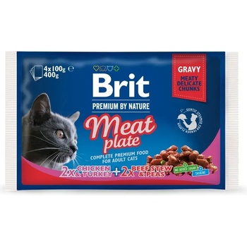 Brit Premium Cat Pouches Meat Plate паучове за котка хапки с пилешко, пуешко и говеждо месо в сос грейви 4 x 100gr