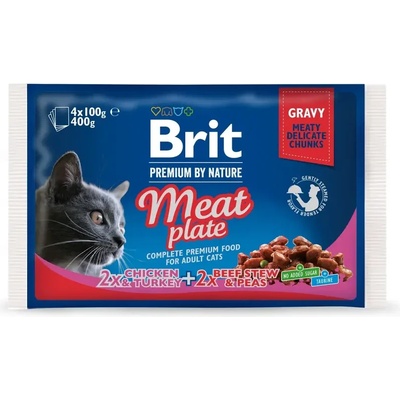 Brit Premium Cat Pouches Meat Plate паучове за котка хапки с пилешко, пуешко и говеждо месо в сос грейви 4 x 100gr
