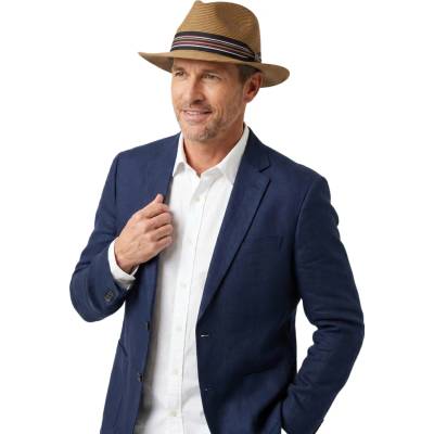 Fiebig letní nemačkavý fedora klobouk cognac s pruhovanou stuhou