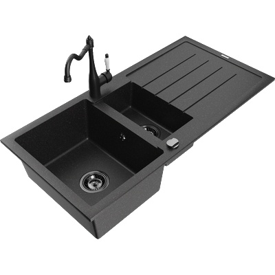 Mexen Andres гранитна мивка 1, 5 камери със сушилник и кухненски смесител Carla, черно/сребърно - 6515-73-670700-70-B (6515-73-670700-70-B)