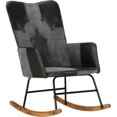 vidaXL Люлеещ се стол, черен, естествена кожа и платно (339694)