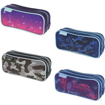 Herlitz Ученически несесер празен, двоен, 2 ципа, Mix Pink Stars, Blue Shark, Camo Gey, Tropical Chill - Herlitz
