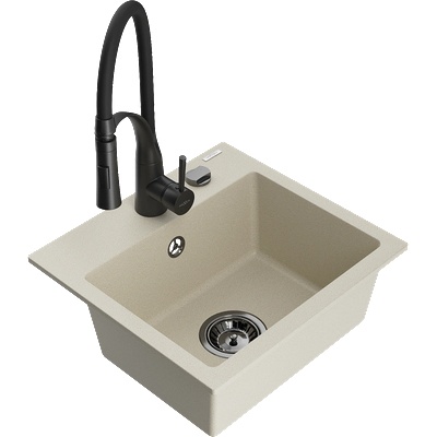 Mexen Milo единична мивка от гранит с кухненски смесител Aster, бежов - 6505-69-73450-70-B (6505-69-73450-70-B)