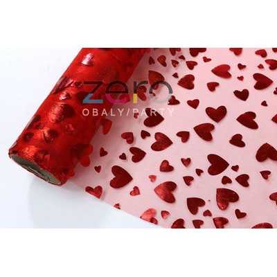 Organza 36 cm x 5 y - červená s červenými srdíčky