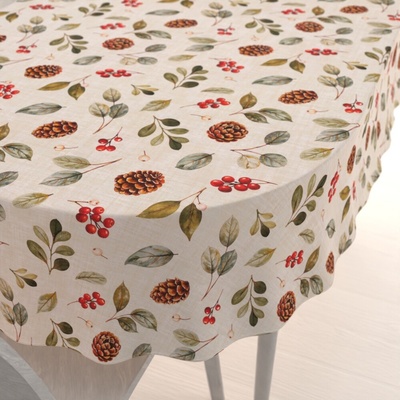 Biante oválný ubrus Leona LN-181 Červené bobule šišky a listy na režném 130x220 cm