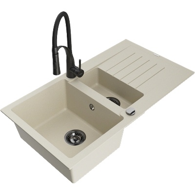 Mexen Matias гранитна мивка с 1, 5 басейнa с дренаж и кухненски смесител Aster, (6502-69-73450-70-B)