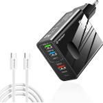 Techsuit - Премиум стенно зарядно PentaXPower (CHC1) - Включен кабел Type-C, 3x USB, 2x Type-C PD 25W, 65W, GaN, 1m - Черен