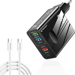 Techsuit - Премиум стенно зарядно PentaXPower (CHC1) - Включен кабел Type-C, 3x USB, 2x Type-C PD 25W, 65W, GaN, 1m - Черен