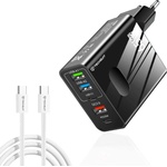Techsuit - Премиум стенно зарядно PentaXPower (CHC1) - Включен кабел Type-C, 3x USB, 2x Type-C PD 25W, 65W, GaN, 1m - Черен