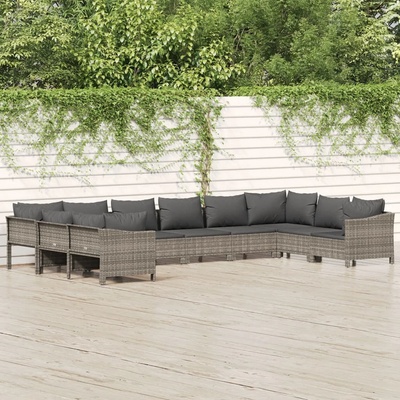 vidaXL Градински комплект с възглавници, 10 части, сив, полиратан (3187306)