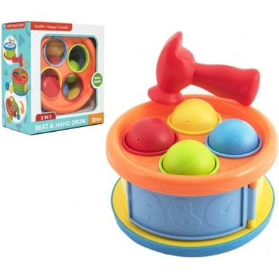 Teddies zatloukačka/Bubínek 17 cm 2v1 plast s kladívkem s míčky 4ks 2 barvy v krabici