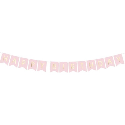 PartyDeco Banner Happy Birthday světle růžový 15 x 175 cm