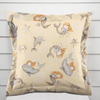 Biante Detská bavlna s lemom Sandra SA-670 Sivo-hnedé morské panny s delfínmi na žltobéžovom 60 x 60 cm