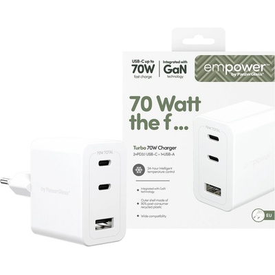 Зарядно 220V empower by PanzerGlass Grand Prix High-Speed Multiple Charger incl. 2 x USB-C + USB-A 70W EU Plug - Silver White