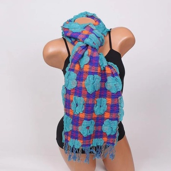 Image 1 of Кариран шал в синьо и оранжево с тюркоазени цветя