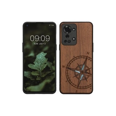 Pouzdro kwmobile Dřevěné s designem kompas OnePlus Nord 2T 5G tmavě hnědé