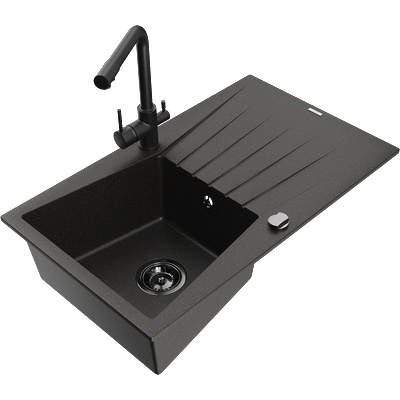 Mexen Cesar гранитна мивка 1-коморна с отцедник и кухненски смесител Duero, черен/златен металик - 6514-75-671600-70-B (6514-75-671600-70-B)