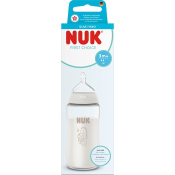 Nuk First Choice стъклено шише Temperature Control 240мл. със силиконов биберон за хранене 3+мес. р-р М, Морско конче, бяло (10212057)