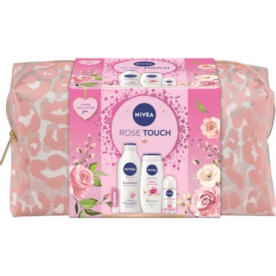 Nivea Rose SG 250 ml, Telové mlieko 400 ml, Guľôčkový antiperspirant 50 ml a Labello 4,8 g Darčeková taška