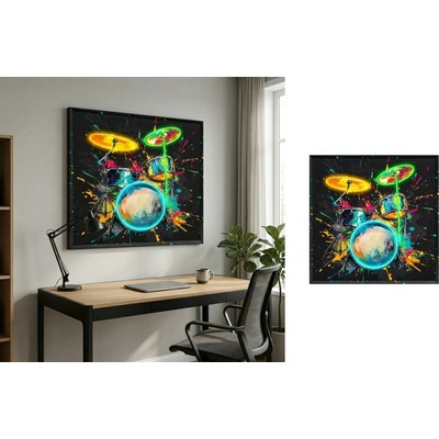 Pop art hudobný LED nástenný obraz – bicie v modernom neon štýle – 83 × 83 cm