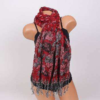 Image 1 of Дамски шал в червено с рози и ресни