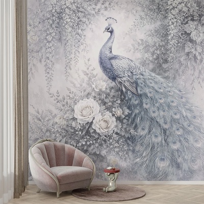Art Gift Decor Фототапет паун с цветя в нежни сиви тонове