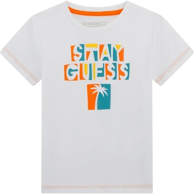 GUESS Бяла тениска с трицветен надпис Stay Guess за мини момче