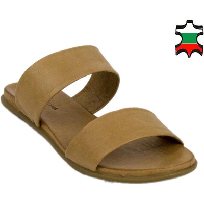 Български обувки Дамски чехли от естествена кожа в бежов цвят 19236