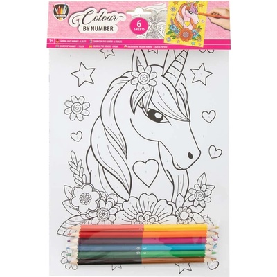 GRAFIX Malování podle čísel 6ks listů A4 jednorožec + pastelky