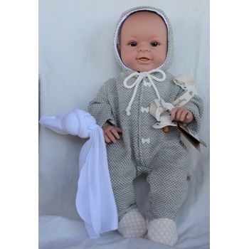 Lamagik Realistické miminko holčička Paula v šedo-bílém overalu s kapucou