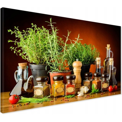 Kuchynský obraz na plátne – bylinky, korenie a oleje v rustikálnom štýle Veľkosť: 120x80 cm