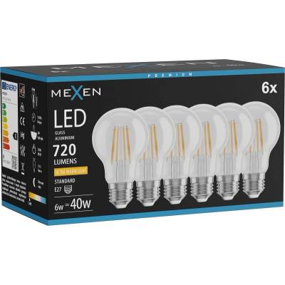 Mexen Vintis 6x LED нажежаема лампа E27, A60, 6W, Топла - 2200K, 720 lm, прозрачно (L150-E27-0622-00x06)