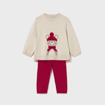Mayoral Комплект дълъг панталон трико в червен цвят и бежов пуловер мече за бебе момиче Mayoral