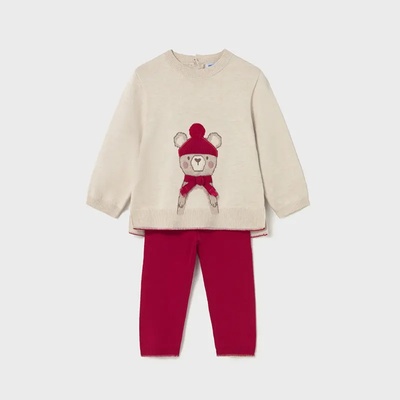 Mayoral Комплект дълъг панталон трико в червен цвят и бежов пуловер мече за бебе момиче Mayoral