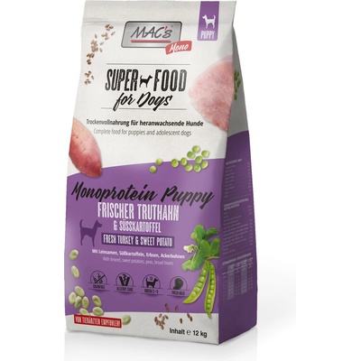 MAC's Super Food - Премиум суха храна, монопротеин пуйка - суха храна за подрастващи кучета податливи на алергии, 750 гр