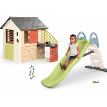 Smoby Set šmykľavka s dvojitou vlnou a vodotryskom 2 metrová Funny Toboggan Life a domček Nature s letnou kuchynkou