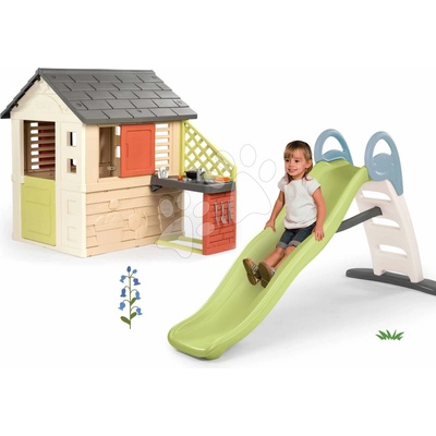 Smoby Set šmykľavka s dvojitou vlnou a vodotryskom 2 metrová Funny Toboggan Life a domček Nature s letnou kuchynkou