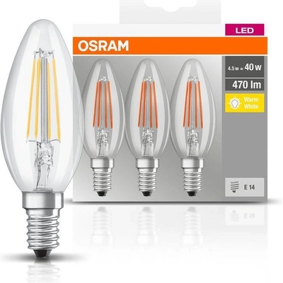 Osram sada 3x LED filamentová žárovka E14, Candle, 4W, 470lm, 2700K, teplá bílá