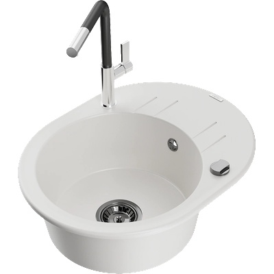 Mexen Kevin гранитна мивка с 1 отделение с отцедник и кухненски смесител Flora, бял - 6517-20-670401-07-B (6517-20-670401-07-B)