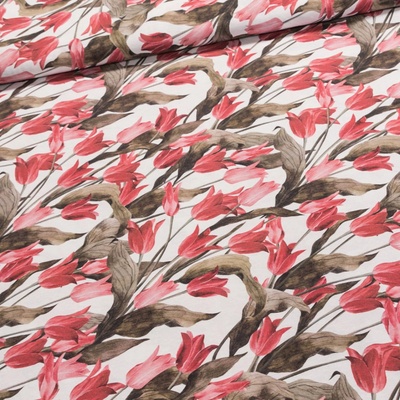 Směsové plátno červené tulipány, š.140cm (látka v metráži)
