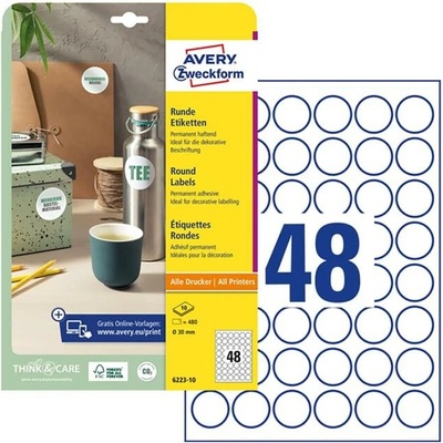 Etikety univerzálne kruhové 30mm Avery A4 10 hárkov
