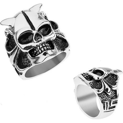 Šperky eshop ocelový prsten stříbrné lebka s rohy srdce kuličky hranaté linie T18.15