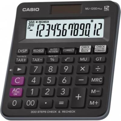 Casio Калкулатор Casio MJ-120DPLUS, 12 разряден дисплей, настолен, изчисляване на %, проверка на 300 стъпки, черен (MJ-120DPLUS)