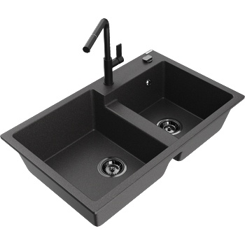 Mexen Tomas двоен гранитен кухненски мивка с кухненски смесител Flora, черен с пръски - 6516-76-670401-70-B (6516-76-670401-70-B)