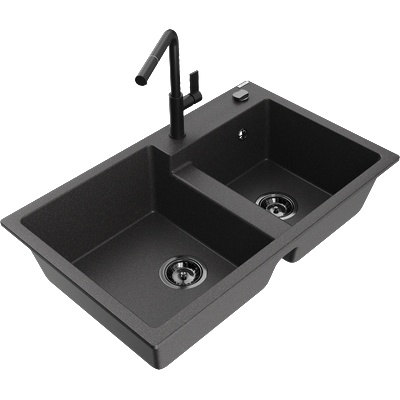 Mexen Tomas двоен гранитен кухненски мивка с кухненски смесител Flora, черен с пръски - 6516-76-670401-70-B (6516-76-670401-70-B)